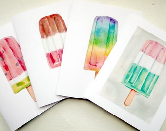 Cartes de Popsicle - Popsicle aquarelle Art blanc cartes - Frozen Dessert nourriture Pop Illustration cartes - lot de 4 cartes