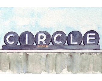 Watercolor Painting - Circle Cinemas Retro Sign - Boston Cleveland Circle Movie Theater- 8x10 Print Limited Edition