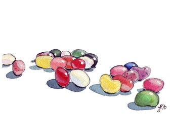 Jellybeans arte acuarela pintura caramelo comida arte impresión, 5x7
