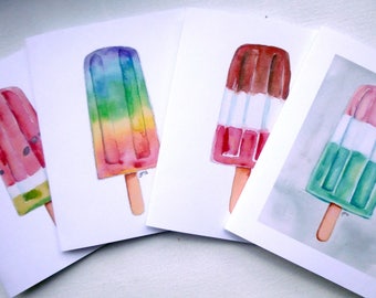 Popsicle Cards - Popsicle Watercolor Art Blank Note Cards - Frozen Dessert Pop Food Illustration Cards - Set of 12 Cards