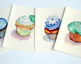 Juego de cartas de cupcake lindo - juego de tarjetas de papelería - tarjetas de cupcake, tarjetas de notas de arte de acuarela (Ed.1), conjunto de 4