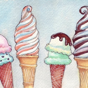Impressão de pintura em aquarela de casquinhas de sorvete - Quatro colheres de ilustração de comida de casquinha de sorvete - Impressão 5x7