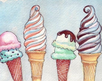 Ice Cream Cones Watercolor Painting Print - Four Scoops Ice Cream Cone Food Illustration - 5x7 Print