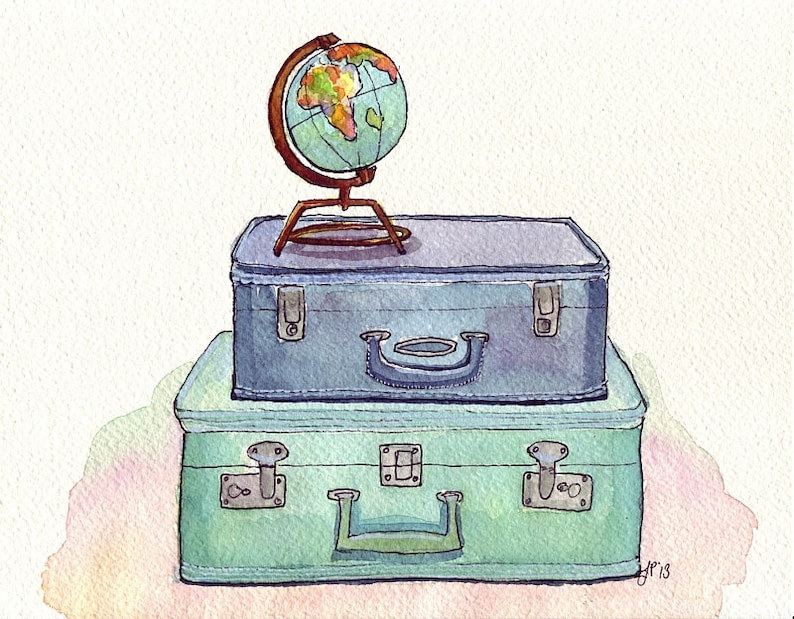 Watercolor Painting Vintage Suitcases and Globe Blue and Green Travel Wanderlust Illustration 5x7 Print image 1