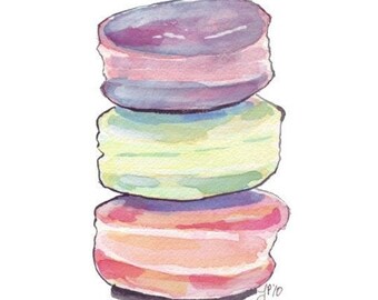 Peinture à l’aquarelle - Macarons Art alimentaire Art aquarelle Art Print, Art mural 11 x 14