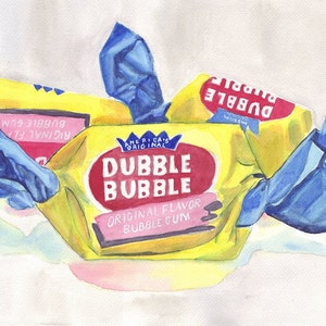 Dubble Bubble Gum Candy Painting Print, Watercolor Art Print, 5x7 Wall Art image 1