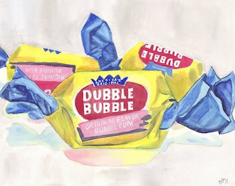 Dubble Bubble Gum Pintura Impresión, Acuarela Arte Impresión, 5x7 Arte de la Pared