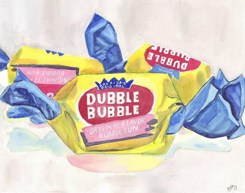Dubble Bubble Gum Candy Painting Print, Watercolor Art Print, 5x7 Wall Art image 1