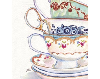 Teacups Still Life Watercolor Painting - Stack of Tea Cups Watercolor Art Print, 5x7 Print