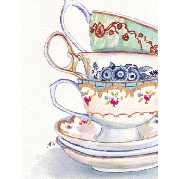 Teacups Still Life Watercolor Painting - Stack of Tea Cups Watercolor Art Print, 5x7 Print