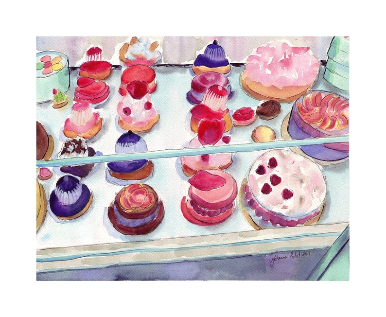 Laduree Watercolor Painting French Pastry Case Art, Watercolor Art Print, 8x10 Wall Art image 2