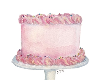 Pink Cake Art - Still Life Watercolor Painting - Classic Birthday Cake Food Illustration Watercolor Art Print, 5x7