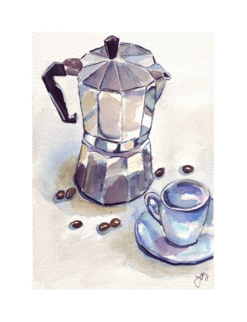 Coffee Watercolor Painting Cafe Art Illustration Espresso Maker With