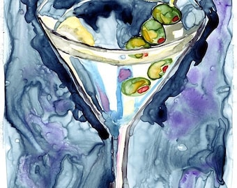 Martini Cocktail Watercolor Painting - Martini Watercolor Art Print, 11x14 Wall Art