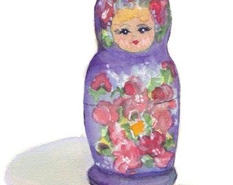 Watercolor Painting - Russian Nesting Doll Art, Matrushka Watercolor Art Print, 8x10