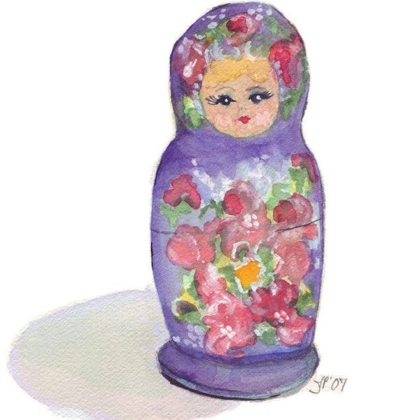 Watercolor Painting - Russian Nesting Doll Art, Matrushka Watercolor Art Print, 8x10