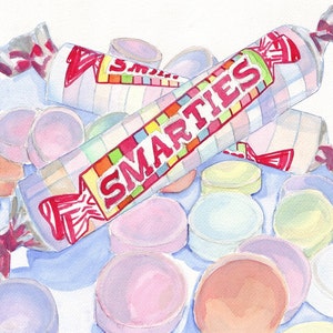 Smarties Art Acuarela Pintura - Smarties Candy, Impresión de arte acuarela, Decoración de pared 5x7