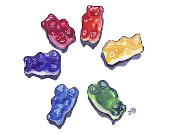 Gummy Bears Watercolor Painting - Gummi Bears Art, Candy Rainbow Watercolor Art Print, 8x10