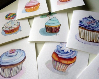 Cupcake Card Set, Watercolor Art Note Cards Combo, Set of 8