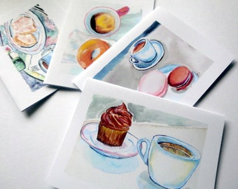 Coffee Cards, Cafe and Sweets Watercolor Art Notecards, Set of 8