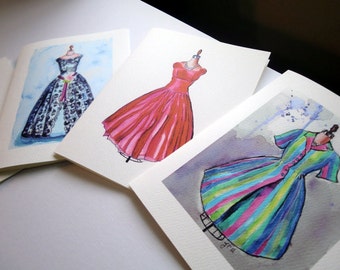 Blank Fashion Notecards, Vintage Dress Watercolor Art Note Cards Ed. 3, Set of 8