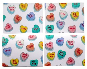 Candy Heart Valentines - Valentine's Notecards - Necco Candy Sweetheart Watercolor Art Cards, Set of 4