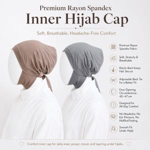 May include: Two inner hijab caps, one in taupe and one in grey, displayed on mannequins. The caps are made of soft, breathable rayon spandex fabric. The image text reads "Inner Hijab Cap" and "Soft, Breathable, Headache-Free Comfort."