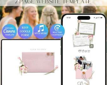 Soft Pink & Green Save the Date Website Template with RSVP | Editable Canva Invitation Design (Digital Download)