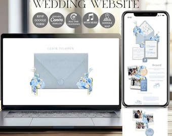 Dusty Blue Wedding Website Template with RSVP | Editable Canva Invitation Design (Digital Download)