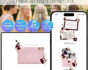 Pink & Burgundy Save the Date Website Template with RSVP | Editable Canva Invitation Design (Digital Download)