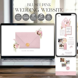May include: A blush pink wedding website design is shown on a laptop and a smartphone. The laptop displays an invitation envelope with floral accents. The smartphone shows the website layout with photos and text. Text includes "RSVP Google Form" and "Editable Canva Template."