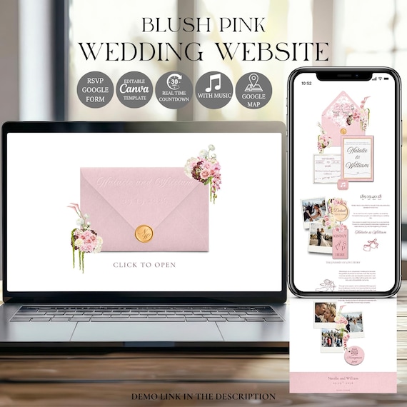 Blush Pink Wedding Website Template with RSVP | Editable Canva Invitation Design (digital download)