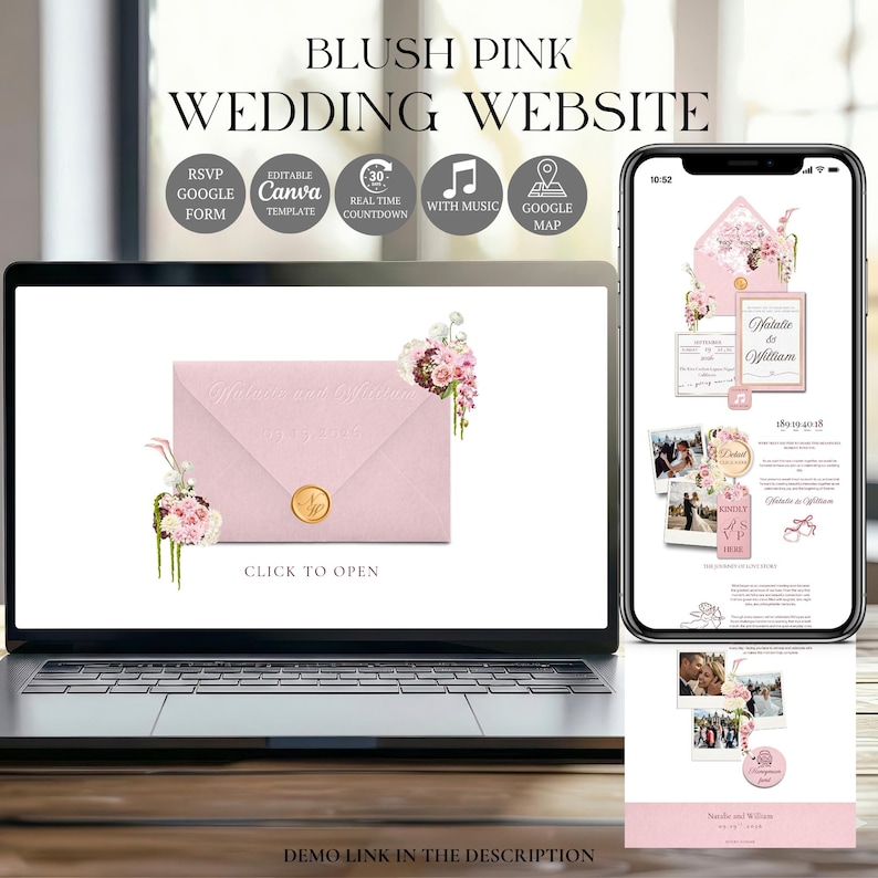 May include: A blush pink wedding website design is shown on a laptop and a smartphone. The laptop displays an invitation envelope with floral accents. The smartphone shows the website layout with photos and text. Text includes "RSVP Google Form" and "Editable Canva Template."