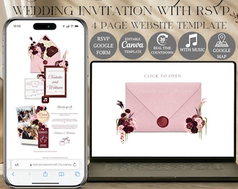 Pink Burgundy Wedding Website Template with RSVP | Editable Canva Invitation Design (Digital Download)