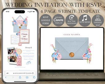Dusty Blue Pink Wedding Website Template with RSVP | Editable Canva Invitation Design (digital download)