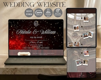 Plantilla web para bodas de la vieja aristocracia en color burdeos con confirmación de asistencia / Estilo vintage / Diseño de invitación editable en Canva