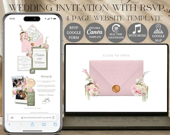 Pink & Green Wedding Website Template with RSVP | Editable Canva Invitation Design  (Digital Download)