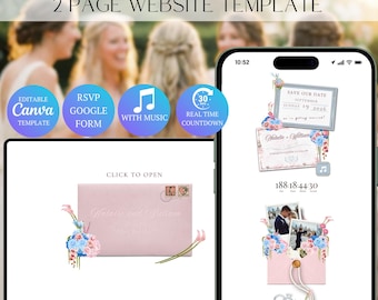 Blush Pink & Blue Save the Date Website Template with RSVP | Editable Canva Invitation Design (Digital Download)