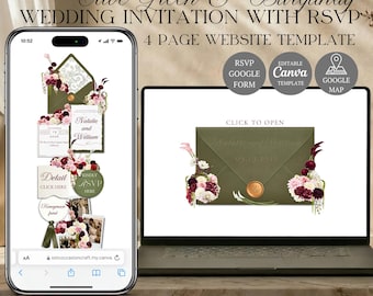 Plantilla para sitio web de bodas en verde oliva y burdeos con confirmación de asistencia / Diseño de invitación editable en Canva / (Descarga digital)
