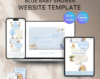 Winnie The Pooh Baby Shower Website with RSVP | Blue Baby Shower | Editable Canva Template