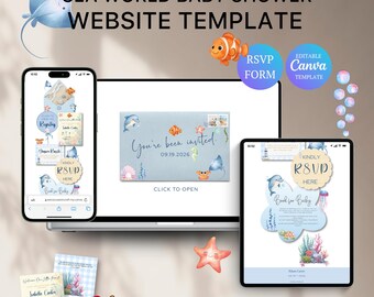 Sea World Baby Shower Website with RSVP | Blue Baby Shower | Editable Canva Template