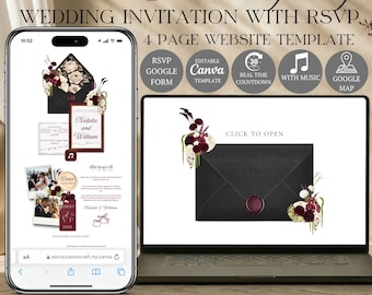Black & Burgundy Wedding Website Template with RSVP | Editable Canva Invitation Design (Digital Download)