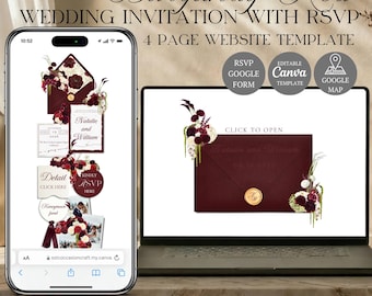Plantilla web para bodas en color burdeos con confirmación de asistencia / Diseño de invitación editable en Canva (Descarga digital)