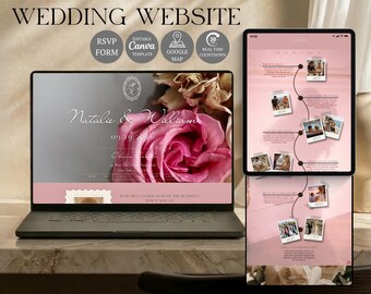 Plantilla de sitio web para bodas de estilo clásico en color rosa con confirmación de asistencia / Estilo vintage / Diseño de invitación editable en Canva
