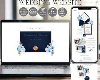 Plantilla de sitio web de boda azul marino con confirmación de asistencia / Diseño de invitación editable en Canva / (Descarga digital)