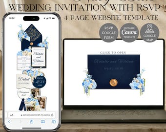 Plantilla de sitio web de boda azul medianoche con confirmación de asistencia / Invitación editable en Canva / (descarga digital)