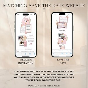 May include: Two smartphones showing wedding invitation and save-the-date designs. The invitation displays a pink envelope with floral accents and the names "Natalie & William." The save-the-date design includes a photo and wedding details. Text at the top reads "Matching Save the Date Website."