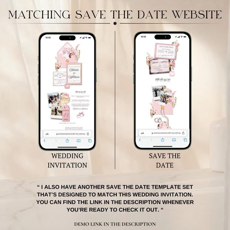 May include: Two smartphones showing wedding invitation and save-the-date designs. The invitation displays a pink envelope with floral accents and the names "Natalie & William." The save-the-date design includes a photo and wedding details. Text at the top reads "Matching Save the Date Website."
