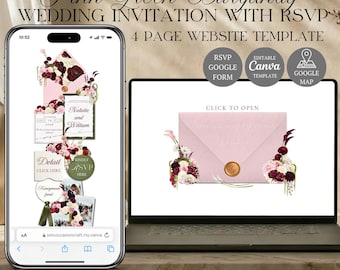 Plantilla para sitio web de boda en tonos rosa, verde y burdeos / Diseño de invitación editable en Canva (Descarga digital)