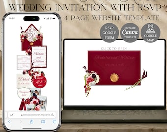 Plantilla roja para sitio web de boda con confirmación de asistencia / Diseño de invitación editable en Canva / (Descarga digital)